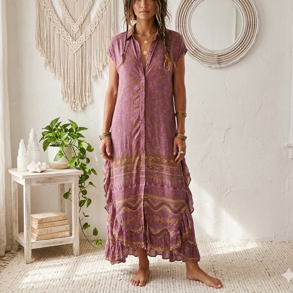 New Last Queen Pink Floral Paisley Ruffle Shirt Maxi Dress‎ Size Medium